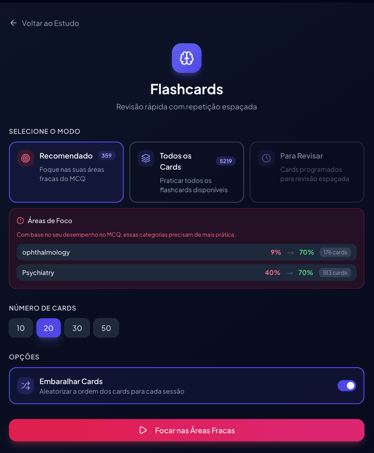Flashcards - Áreas de Foco identificadas pelo sistema