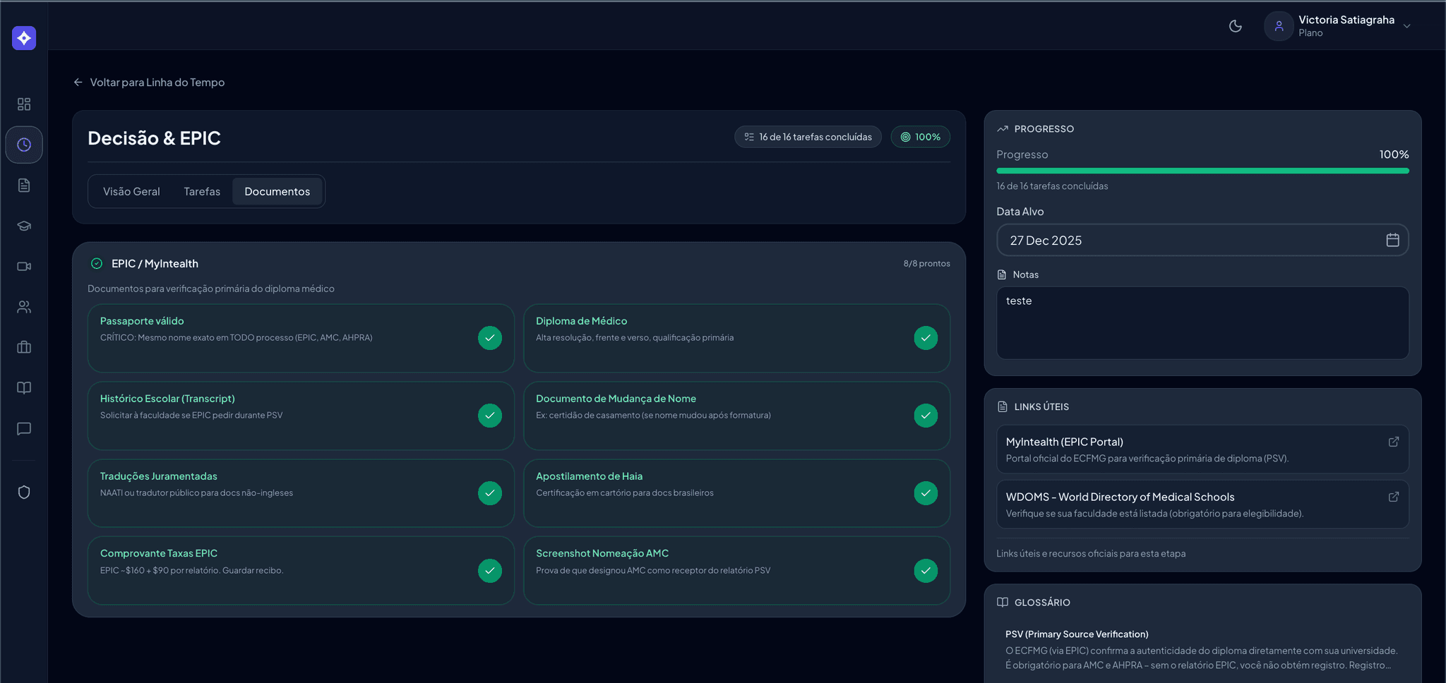 Timeline - Checklist de documentos com progresso, data alvo e links úteis